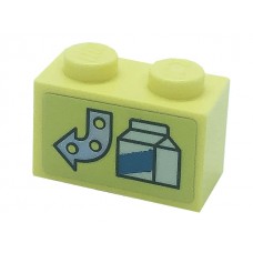 LEGO kocka 1x2 nyíl és italos doboz mintával (matrica), világossárga (3004pb249)